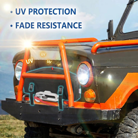 Cool Covertify Heavy Duty Winch Cover With Buckle, 600D Oxford Fabric waterproof protection for off road trucks and jeeps mounted on a vehicle.