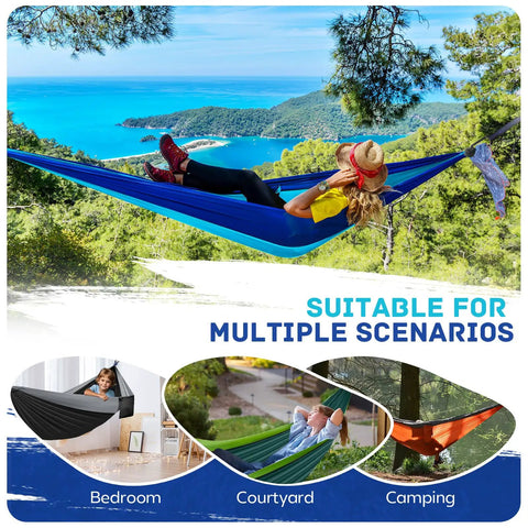 Image showing a blue Ultralight Parachute Nylon Camping Hammock with two tree straps in a scenic outdoor setting, supports up to 600 lbs.