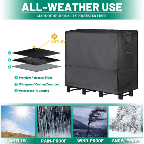 8Ft Firewood Rack Cover Waterproof Ultra Tough 600D Oxford Canvas with Buckle Straps showing weatherproof capabilities