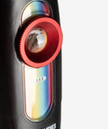 Close-up of handheld dual LED UV flashlight with rainbow detail and red adjustment ring; IP65 waterproof, long battery life, 4-hour charge