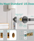 Dope Smart Fingerprint Door Lock With Biometric Access, Black Finish on standard US door, showing dimensions and fitting details.