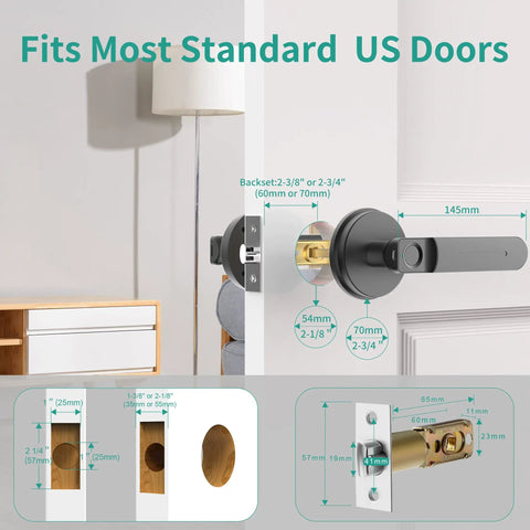 Dope Smart Fingerprint Door Lock With Biometric Access, Black Finish on standard US door, showing dimensions and fitting details.