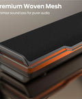 Close-up of Boomin HiFi PC Speakers with Bluetooth 6.0, showing woven mesh and RGB light on black soundbar.