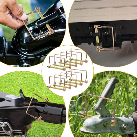 10 Pcs Gold 4 Inch Long Trailer Hitch Pins One Quarter Inch Diameter Heavy Duty Stainless Steel With Zinc Plated Finish Rust Resistant Safety Workhorse Coupler Pins For Farming Gardening Trucks Boats PTO And Hitches shown in various uses and perspectives