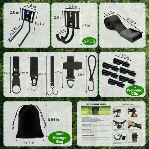 8 In 1 Strap Hangers Kit With Bow Hanger And Multi Hook Gear, Rugged Tree Stand Accessory That Keeps Your Gear Up, 3 Metal Gear Hooks And 5 Outdoor Hooks, Storage Bag Included For Hunting Camping Hiking components displayed.