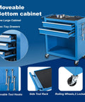 Blue 8 Drawer Rolling Tool Chest Hella Tough Shop Ready Design Detachable Top Bin With Cushioned Drawer Trays And Nifty Side Hooks For Hardworking Practical Pros, featuring large cabinet and two drawers.