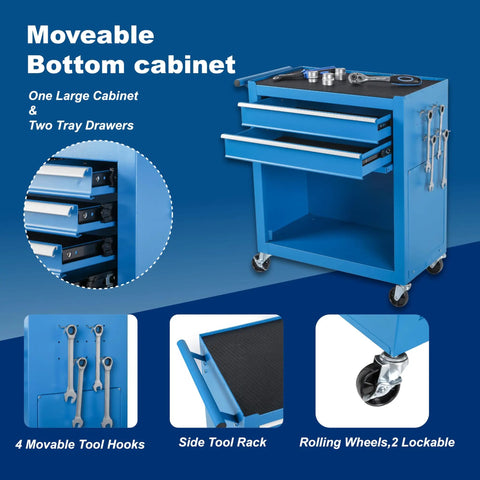 Blue 8 Drawer Rolling Tool Chest Hella Tough Shop Ready Design Detachable Top Bin With Cushioned Drawer Trays And Nifty Side Hooks For Hardworking Practical Pros, featuring large cabinet and two drawers.