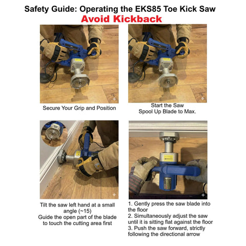 Operating the Tough As Nails Toe Kick Saw Cuts Flush Under Cabinets With 3 3/8 Inch Blades for accurate flooring cuts.
