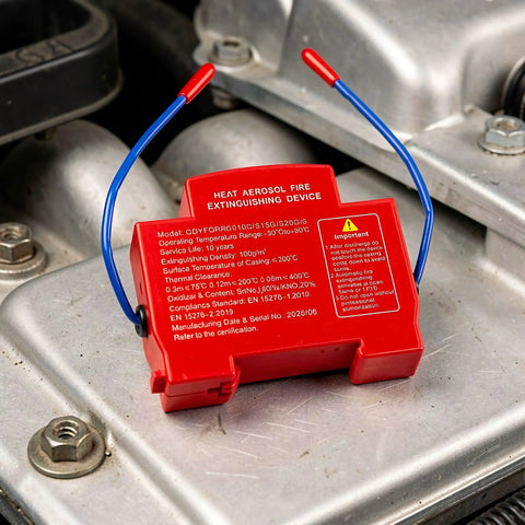 Automatic Aerosol Fire Extinguisher For Car Truck Van And RV With Self Activating Heat Trigger mounted in an engine bay.