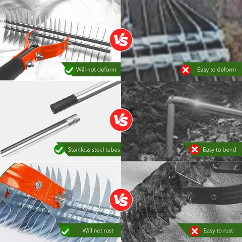 Comparing 15 Inch Dethatcher Lawn Rake With Adjustable Handle for durability vs competitor, showing steel tubes and tines.
