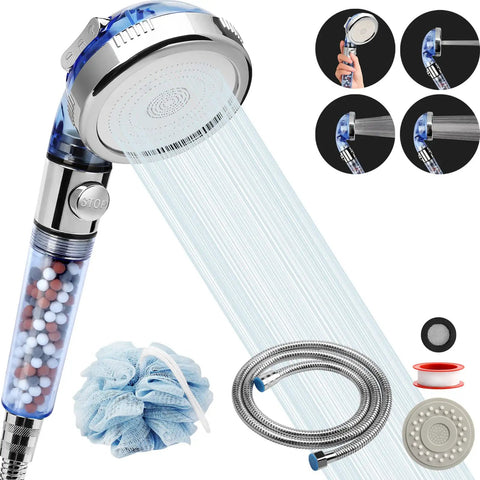 High Pressure Shower Head With Hose And Filtration Mineral Stone Beads For Strong Spray Water Saving RV Handheld Shower Sprayer Three Modes Universal Fit 60 Inch Hose Included Great For Dry Skin And Hair Health