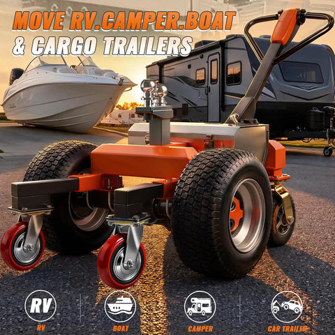Heavy Duty Electric Trailer Dolly With 7500 Lbs Capacity, 24V 800W Motor Power, Six Wheel Off Road Anti Tip Design, Dual Ball Hitch Mount For Rv Campers And Boats Easy Load Handling with red wheels on road.