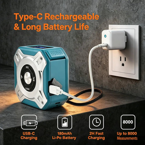 Hella Reliable Zero Hassle Two In One Laser Tape Measure With 131 Foot Laser Distance Meter, Type-C charging on a countertop.