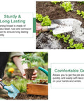 Sturdy compact stainless steel garden hand shovel seed trowel with wooden handle, used for planting in soil.