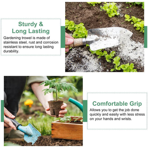 Sturdy compact stainless steel garden hand shovel seed trowel with wooden handle, used for planting in soil.