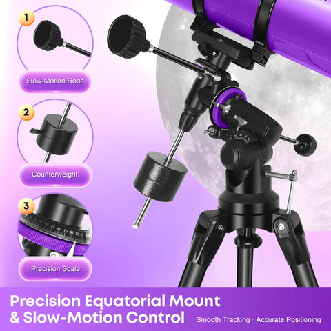 150mm Aperture Newtonian Reflector Telescope for Adults and Beginners with Equatorial Mount features slow-motion control