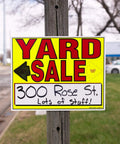 Neon Yellow Yard Sale Sign Kit With Three 11 By 14 Signs Grab Attention Fifteen Large Self Adhesive Pricing Labels Six Hundred Pre Priced Stickers And Arrows For Easy Customer Directions on wooden post