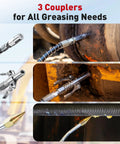 Close-up of 3 types of couplers for Two In One Electric Grease Gun Kit With 10000 Psi Power Cordless Design, on machinery