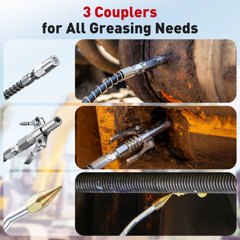 Close-up of 3 types of couplers for Two In One Electric Grease Gun Kit With 10000 Psi Power Cordless Design, on machinery