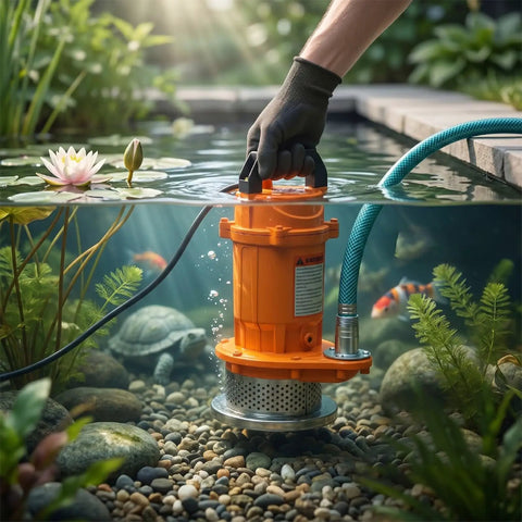 1 2HP Submersible Sump Pump 6000GPH Portable Utility Water Pump used in a pond for draining water with a hose attached.