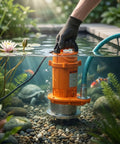 Badass One Half Horsepower Submersible Sump Pump Moves Six Thousand Gallons Per Hour With Hassle Free High Head Utility Transfer For Swimming Pools Ponds And Basement Cleanup submerged in water with a hose, and surrounded by aquatic plants.