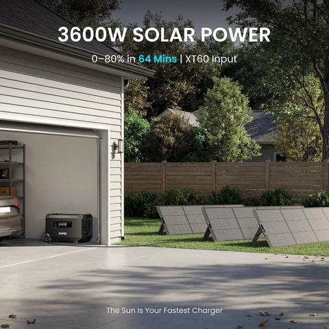 Guardian 6000 V2 Portable Power Station 120V 240V Dual Voltage with solar panels in a yard next to an open garage.