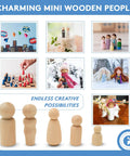 Top Shelf 40 Piece Unfinished Wood Peg People Family Set, Paintable Baltic Birch Craft Figures showcasing various uses.