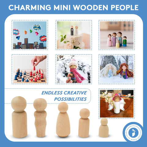 Top Shelf 40 Piece Unfinished Wood Peg People Family Set, Paintable Baltic Birch Craft Figures showcasing various uses.
