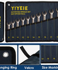 Ratcheting Combination Wrench Set 10 Piece Metric 8mm 10mm 11mm 12mm 13mm 14mm 15mm 16mm 17mm 18mm 72 Tooth 12 Point Chrome Vanadium Steel With Nickel Finish Roll Up Pouch For Home And Car Repairs displayed in pouch with size markings