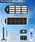 Y-12000W Solar Street Lights Outdoor With 6500K Daylight LED, Dusk To Dawn Parking Lot Flood Lights, Beast Brightness For Basketball Courts, Driveways, And Farms, Wide Coverage For Commercial Use package with solar panel, pole, brackets, bolts, and remote
