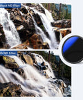 Comparison of waterfall with and without 67mm Variable ND Filter ND2-ND400 1-9 Stops for cinematic shots