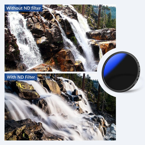 Comparison of waterfall with and without 67mm Variable ND Filter ND2-ND400 1-9 Stops for cinematic shots