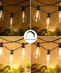 Remote Dimmable Outdoor String Lights, 50ft Run With 25+1 ST38 Edison Bulbs, dimming levels from 25% to 100% at night
