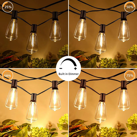 Remote Dimmable Outdoor String Lights, 50ft Run With 25+1 ST38 Edison Bulbs, dimming levels from 25% to 100% at night