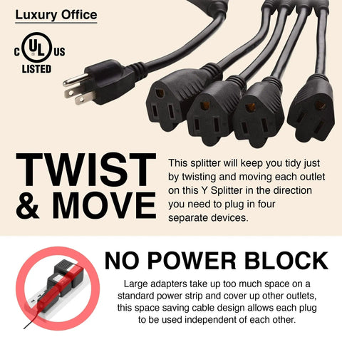 4 Way Power Splitter Turns A Single Outlet Into Four Independent Outlets For A Cleaner Desk Setup With A Compact 1.5 Foot Y Style Extension Cord UL Listed 3 Prong Plug Black SJT 16 AWG, black 4-outlet cord