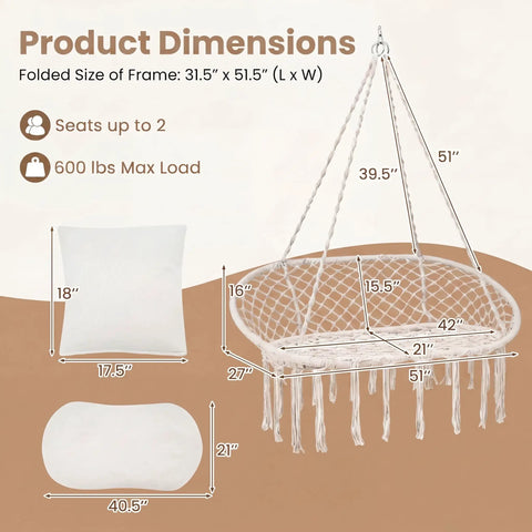 Double Hammock Chair With Cushions For Indoor And Outdoor Hangouts Boho Macrame Swing Seat That Fits Two People dimensions