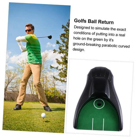 Indoor Golf Practice Aid With Automatic Ball Return System No Battery Needed Perfect For Beginners shown in use and close-up