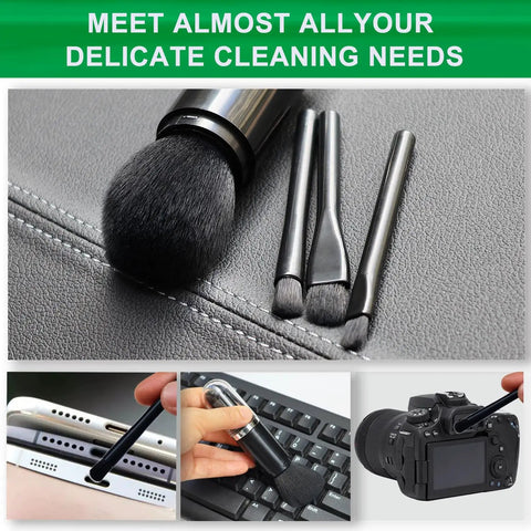 Four Pack Microfiber Duster Brush Set For Keyboards Phones Cars And More with ultra soft fibers shown on various devices