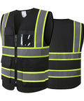 Heavy Duty High Viz Reflective Safety Vest For Men And Women Featuring All Day Comfy Breathable Mesh Top Shelf Construction Work Gear For Day And Night Visibility, black mesh with reflective stripes.