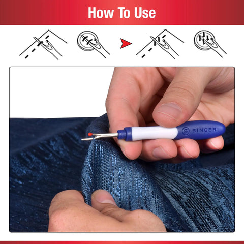 Using Blue And White Comfort Grip Seam Ripper Set Two Piece Sewing Tool Kit For Removing Stitches Opening Buttonholes