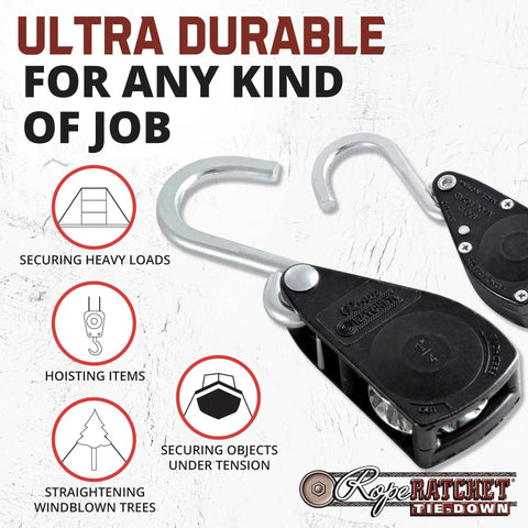 Heavy Duty Rope Ratchet Tie Down Pulley Hanger with Locking Mechanism shown close-up, ultra durable for tensioning outdoor gear.