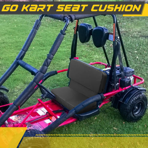 Go Kart Two Seater Seat Cushion With Elastic Straps installed on go-kart, Waterproof PU Go Cart Seats For Two, shown outdoors