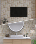 Room with Peel And Stick Marble Tiles Self Adhesive Aluminum Wall Tile For Bathroom Fireplace And RV Beige Marble With Vintage Golden Embellished Stripes 10 Sheet Pack Thick 4mm For Heavy Duty Backsplash applied on walls.