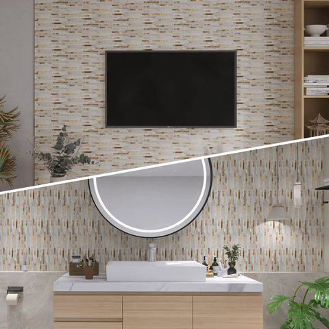 Room with Peel And Stick Marble Tiles Self Adhesive Aluminum Wall Tile For Bathroom Fireplace And RV Beige Marble With Vintage Golden Embellished Stripes 10 Sheet Pack Thick 4mm For Heavy Duty Backsplash applied on walls.