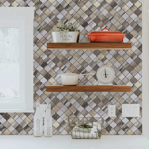 Arabesque Peel And Stick Backsplash Tile For Kitchen and Bathroom Carrara White Marble Look PVC Aluminum Mosaic