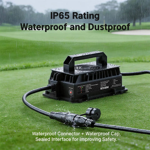 Heavy Duty 36V 50Ah LiFePO4 Lithium Battery Bundle With 43.8V 25A Top Shelf Plug And Play Charger shown on wet grass with IP65 waterproof rating.