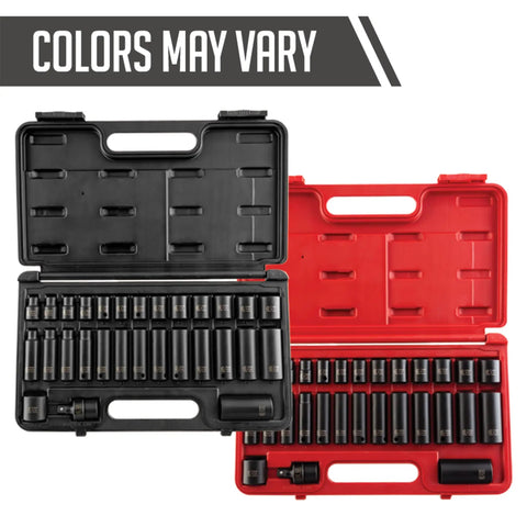 3/8 Inch Drive Metric Master Impact Socket Set 29 Pieces Heavy Duty CR-MO Steel With Blow Molded Case in black and red