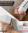 Hands demonstrating detachable USB hub on Vertex Six Outlet Power Center Surge Protector With Four Foot Detachable Magnetic Mount And USB Hub Two USB A And One USB C For Computers TVs Audio Gear White.