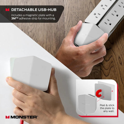 Hands demonstrating detachable USB hub on Vertex Six Outlet Power Center Surge Protector With Four Foot Detachable Magnetic Mount And USB Hub Two USB A And One USB C For Computers TVs Audio Gear White.