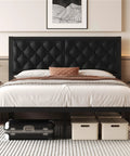 Queen Platform Bed Frame With Swanky PU Leather Upholstered Headboard And Plush Memory Foam Backrest Heavy Duty Metal Slat Support Hidden Underbed Storage No Sweat Setup Black in a bedroom setting with underbed storage.
